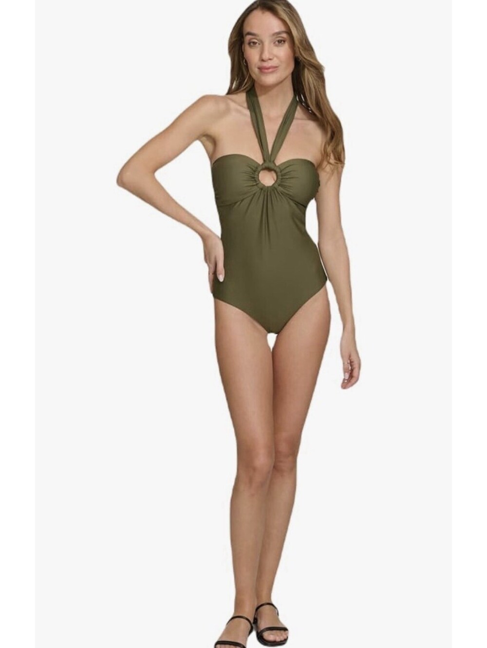DKNY Women's Ring Halter Neck One Piece Swimsuit with Tummy Control Size L Moss